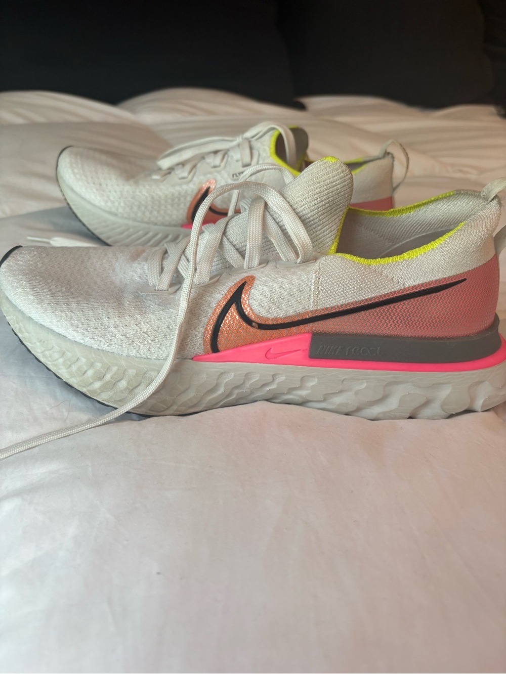 Nike Women's Flyknit White/Light Pink/Neon Yellow Athletic Running Shoes